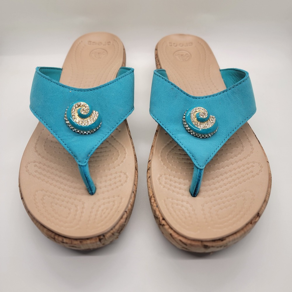 Crocs A-Leigh Jewel Wedge Flip Flops Women 7 Turquoise Leather Rhinestone Sandal - Picture 2 of 11